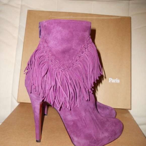 Christian Louboutin ROM 120 Suede Fringe Platform Ankle Bootie Boots - Picture 10 of 15